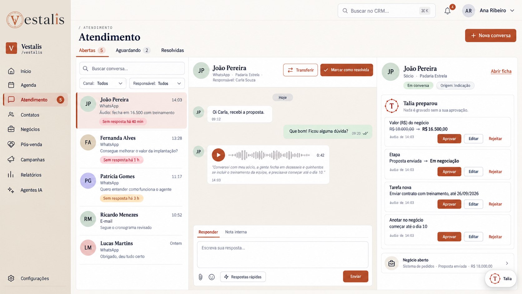 Tela do CRM: a conversa do WhatsApp com o que a IA preparou para aprovar
