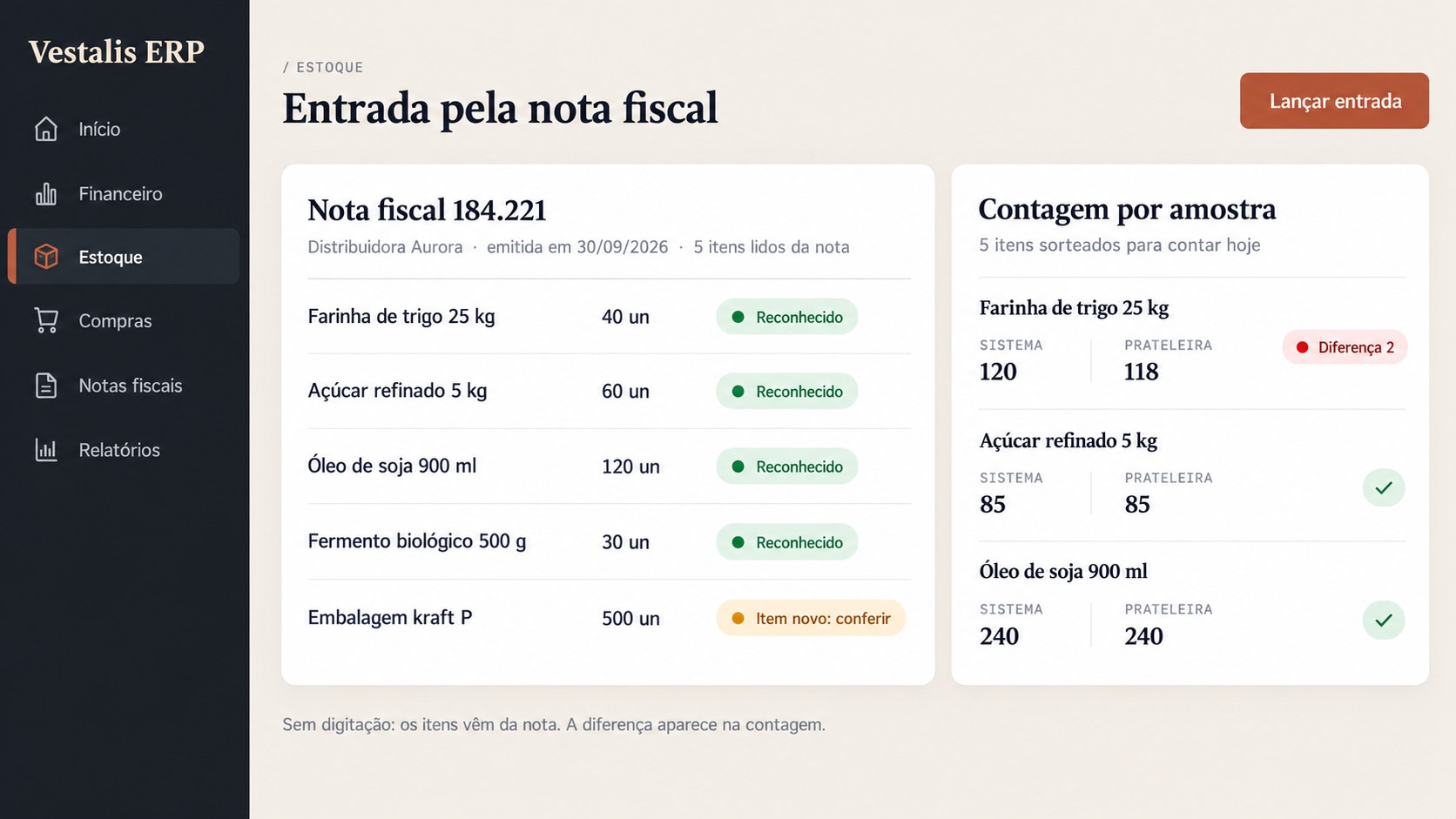 Tela do ERP: entrada de estoque pela nota fiscal e contagem por amostra